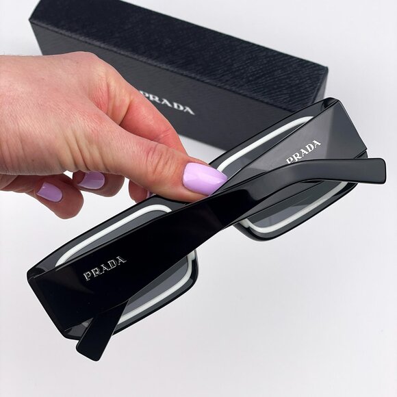 Prada PR06YS 09Q5S0 Sunglasses Black White Dark Grey Rectangle Unisex - Picture 3 of 15